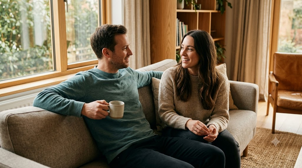 A couple sitting on a couch in a modern living room having a calm, open conversation during virtual couples therapy.