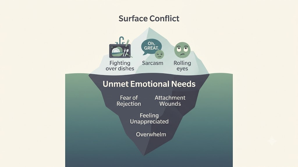 Relationship conflict iceberg diagram showing surface behaviors like fighting over dishes above water and unmet emotional needs like fear of rejection below water.