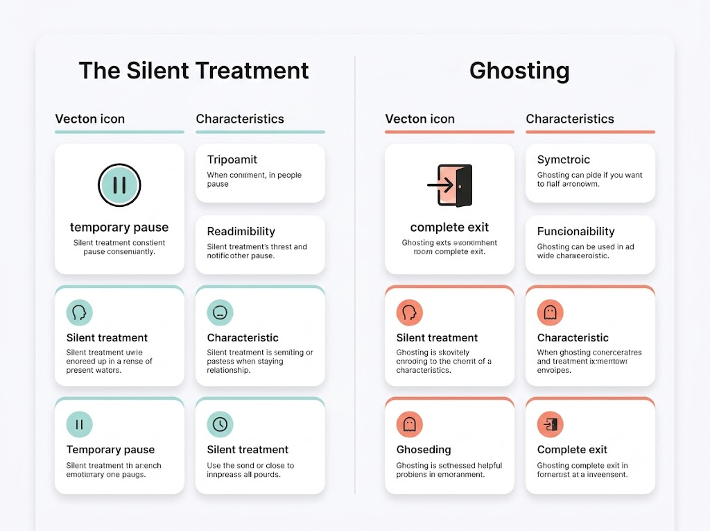 Comparison chart illustrating the differences between the silent treatment and ghosting in relationships based on intent, duration, and context.